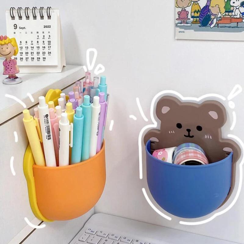 Cute Cartoon Pen Holder Self Adhesive Storage Rack Desk Organizer Kawaii Stationery Mobile Phone Cosmetics Brushes Holder Office