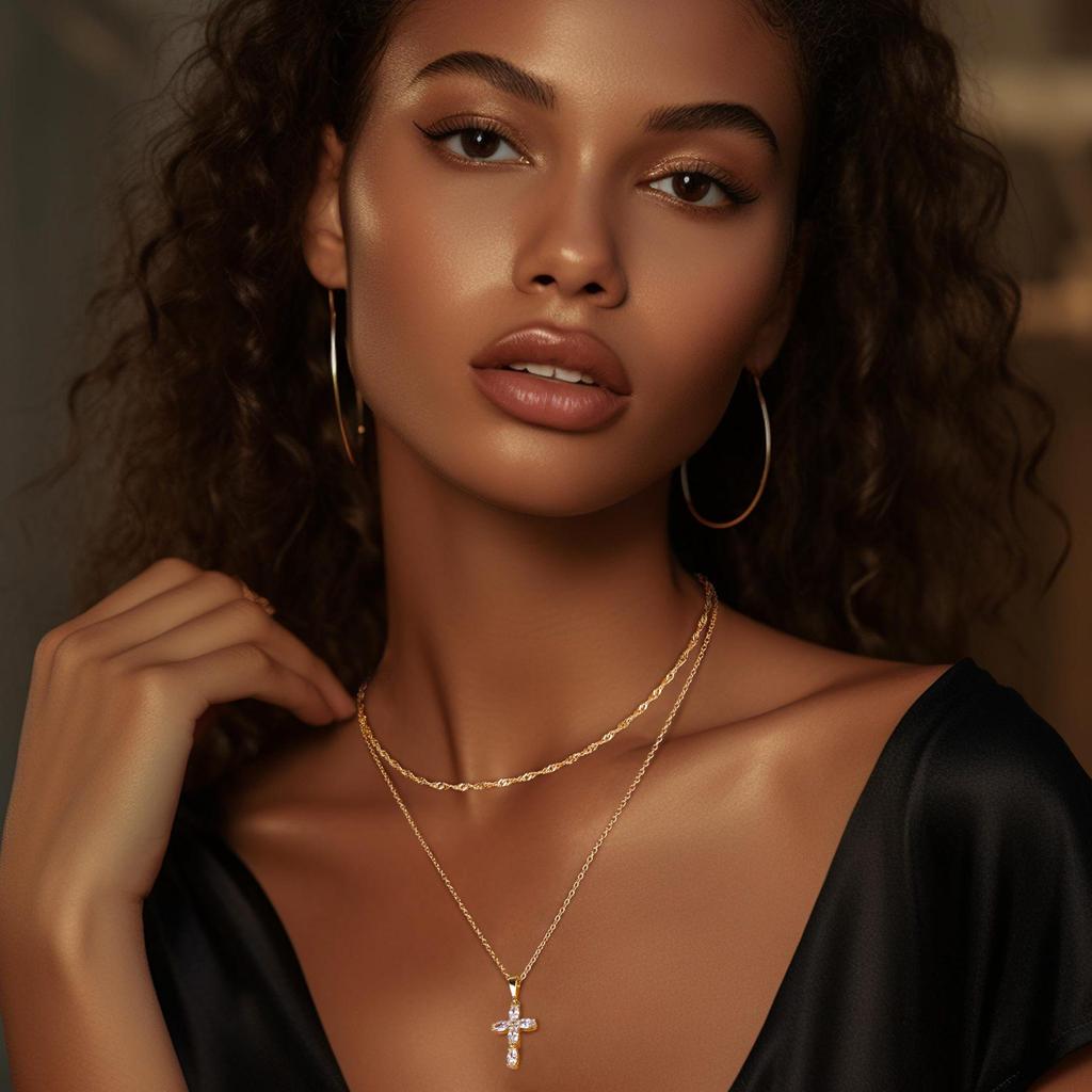 Eco-friendly 18K Gold Double Layer Cross Necklace with Marquise Zircon Water Wave Chain
