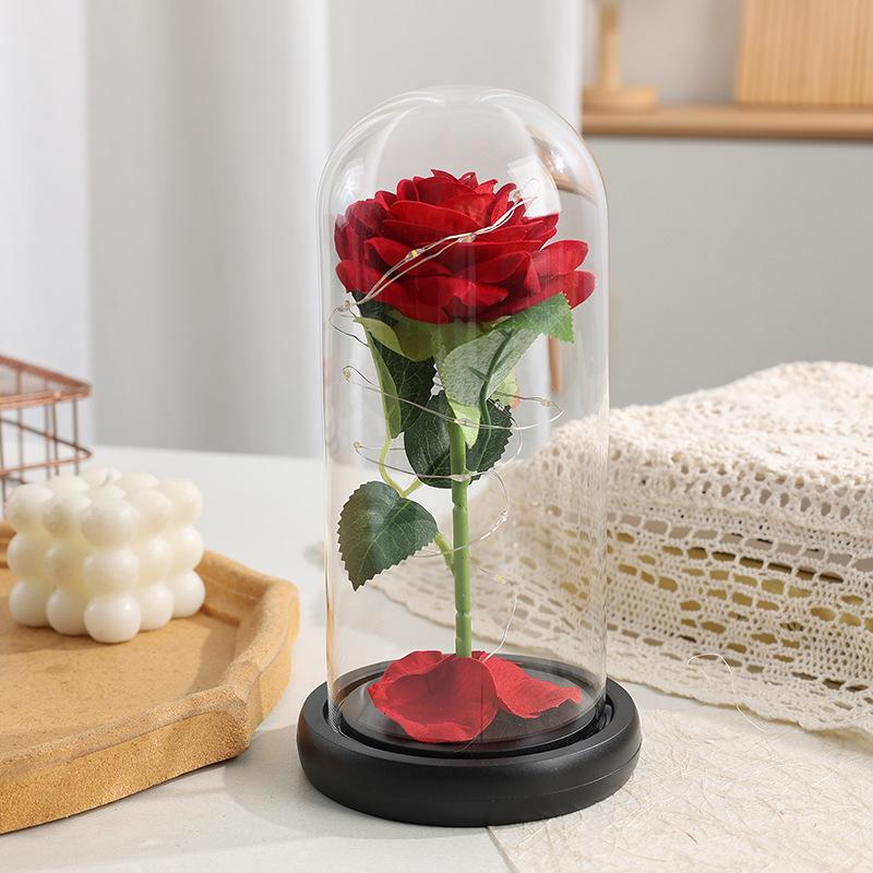 Ornamento de Luz Cúpula de Vidro Flor Rosa Folha de Ouro Feito à Mão - Caixa de Presente Dia dos Namorados