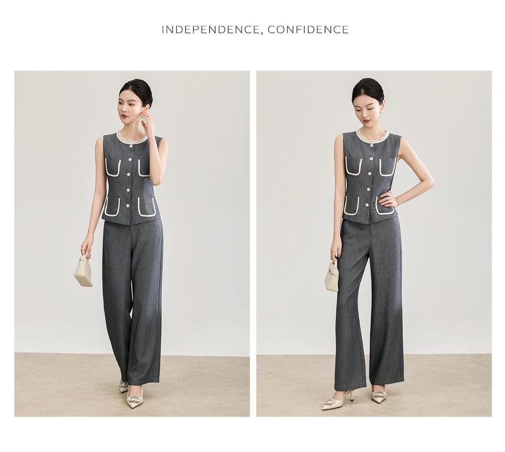 Elegant Beaded Neck Tencel Linen Vest & Wide-Leg Pants Set for Women - Spring Collection