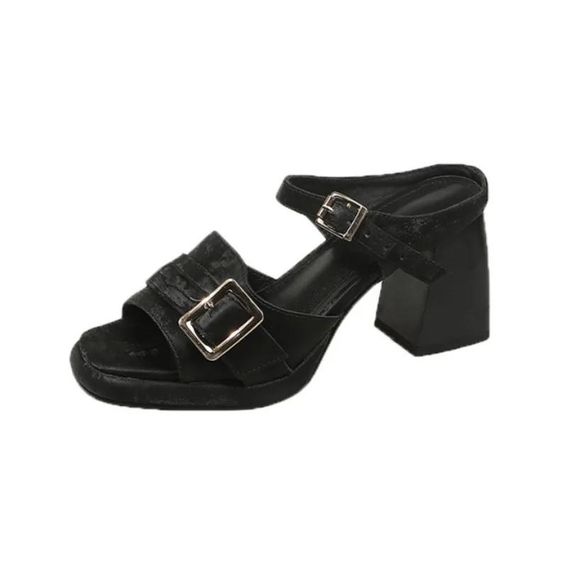 Fashion Women Slippers  Sandals Square Toe Shoes Summer 2025 New Dress Elegant Open Toe Pumps Woman Trend Flip Flops