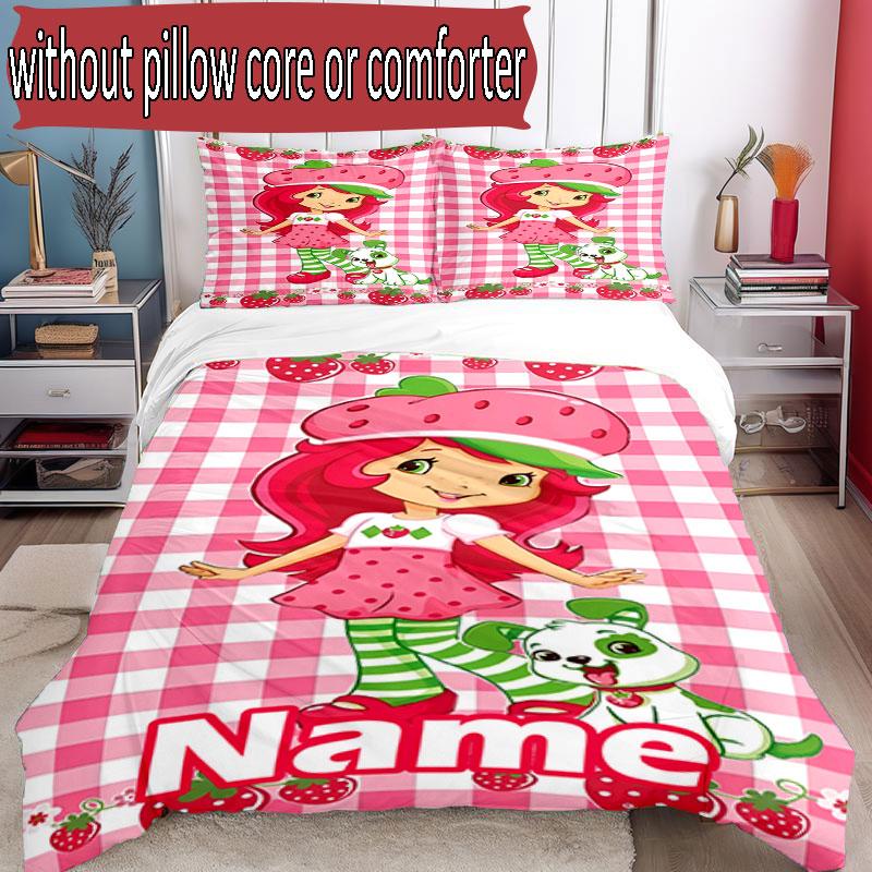 3pcs Duvet Cover Set (1*Duvet Cover + 2*Pillowcase, Without Core), Custom Name Strawberry Shortcake Pattern Bedding Set, Home Bedroom Decor Gift