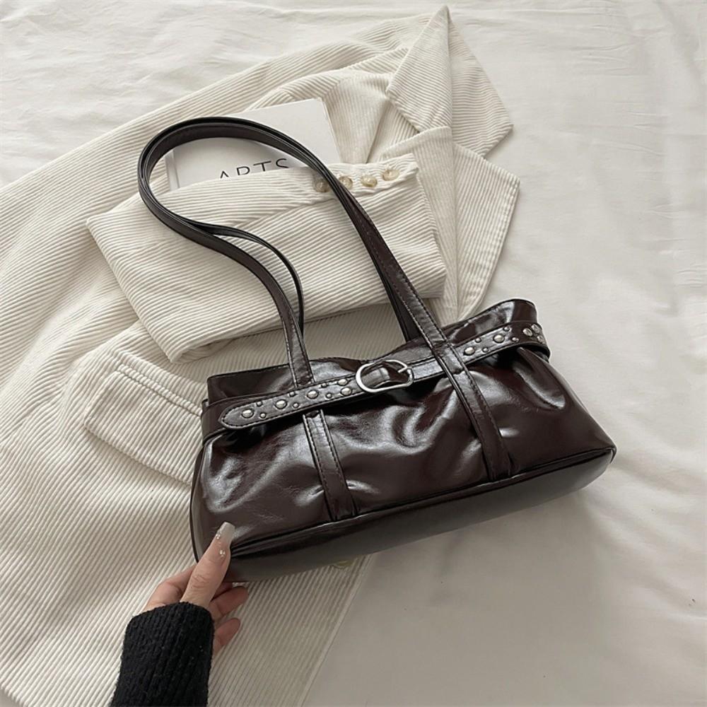 Rivet Belt Buckle Underarm Bag Large Capacity Tote Bag Trendy PU LeatherShoulder Bag Commute