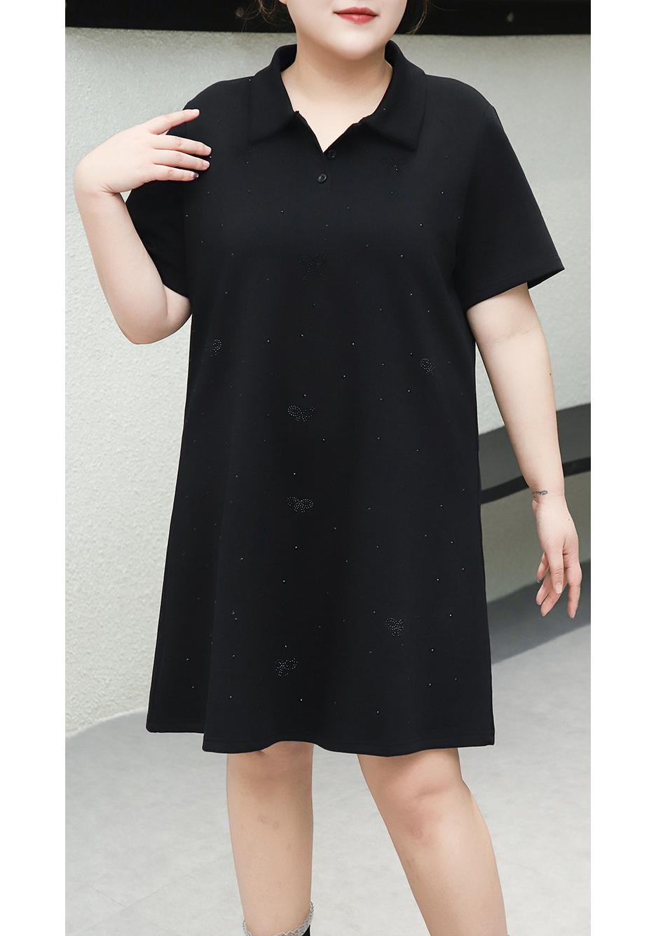 2026 Summer Plus Size Black Polo Collar Rhinestone Dress - Women s Fashion 3XL (120-140 Jin) чёрный