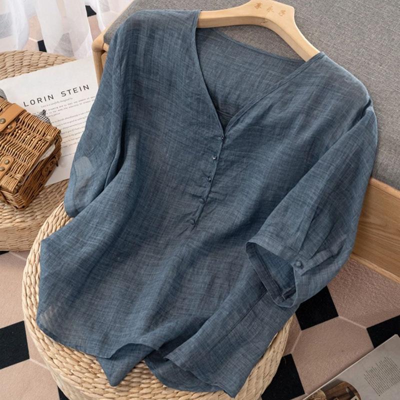Short-sleeved T-shirt loose V-neck thin solid color versatile casual thin top summer new cotton and linen pullover T-shirt women
