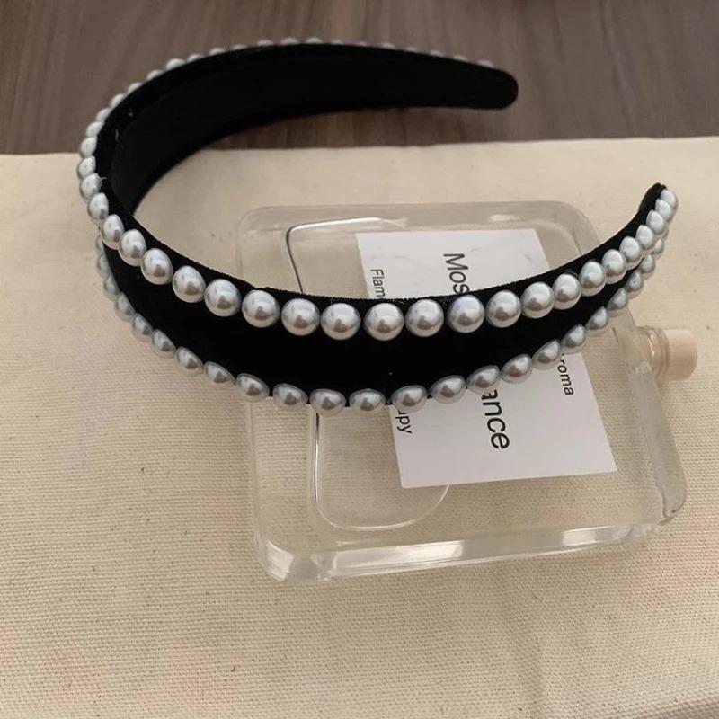 Women Vintage Black Velvet Pearls Hairband with Teeth Anti Slip Adult Hair Clip Wide Edge Headband Girls New Hair Accessory