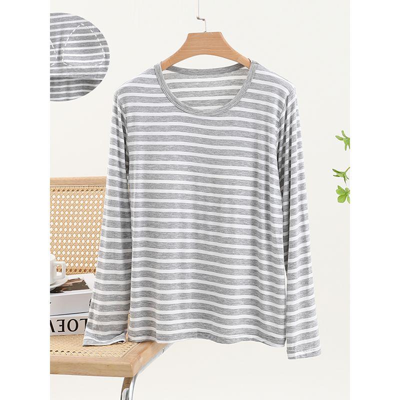Thin Stripes Chest Pad T-shirt Long Sleeve Modal Bra-Free Undershirt Outwear Loose Easiest for Match Homewear Tops