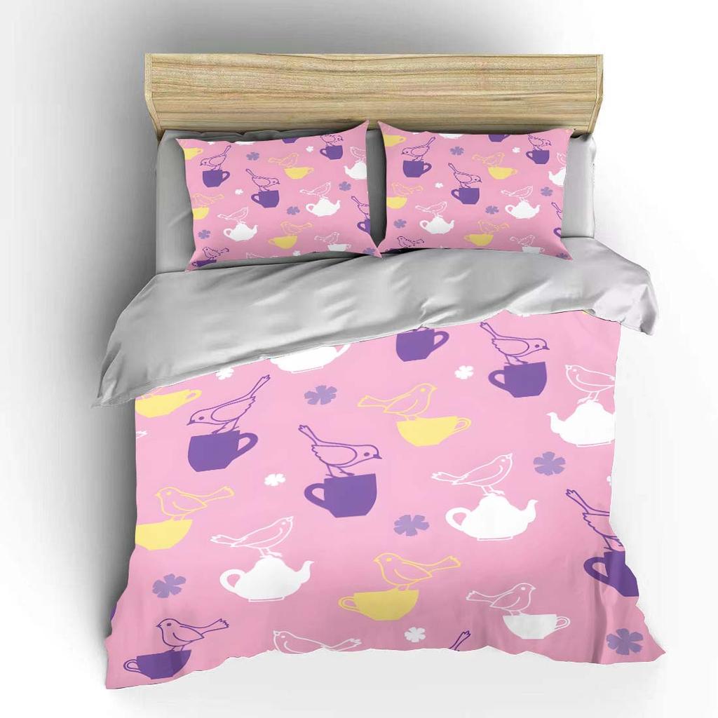 3Pcs Birds And Teaware Pattern Duvet Cover Set Digital Print Colorful Polyester Bedding With Zipper Closur For Kids Gifts