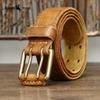 Cintura in Pelle Trendy Stile Retro con Doppia Fibbia ad Ardiglione, Vera Pelle, Vacchetta Primo Strato Conciata al Vegetale Lavata, Nuovo Stile per Giovani Uomini