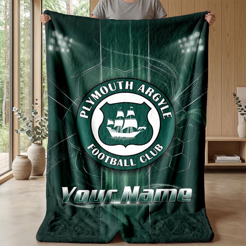 Plymouth Argyle FC Custom Name Text Flannel Blanket Soccer Logo Personalized Fleece Throw Blanket Special Gift For Sofa Bedroom Home