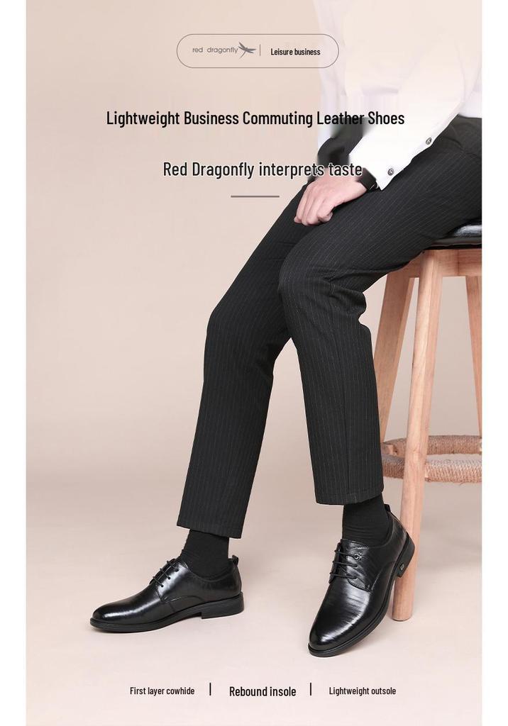 Red Dragonfly Men's Genuine Leather Business Formal Shoes - Comfortable Autumn/Winter Wedding Cowhide Shoes