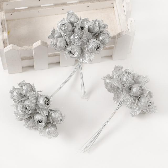 

12 шт./лот мини искусственные цветы розы букет шелковые искусственные цветы для домашнего декора свадебные украшения ремесленный венок подарочные аксессуары 144pcs серебряный