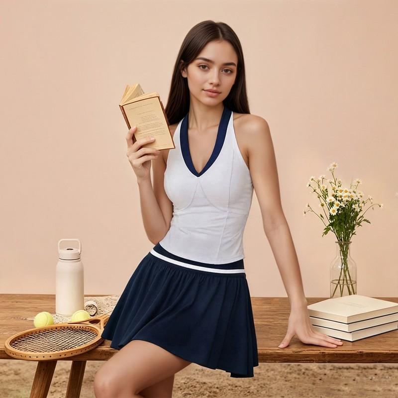 Womens V-Neck Backless Tennis Set With Pockets Quick-Dry Skirt Built-in Removable Pad Lightweight Sportswear