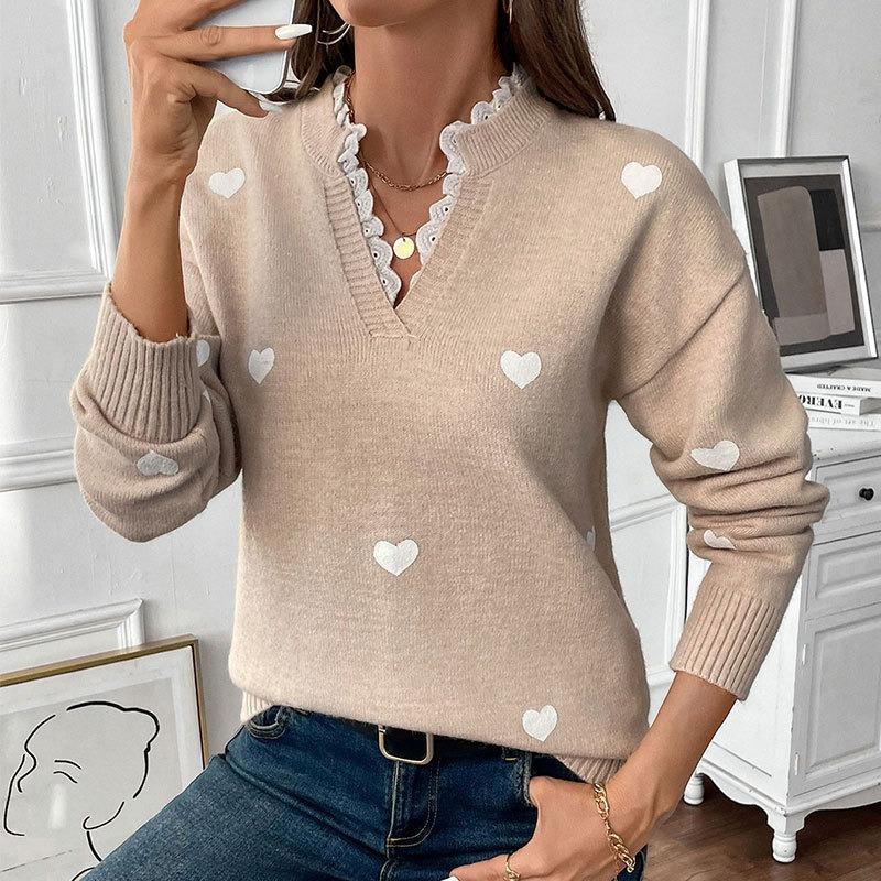 Women V Neck Heart Pattern Pullover Knit Sweater Autumn Casual