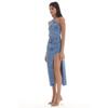 Women's Blue Denim Color Long Denim Skirt With Deep Slit Detail On The Side