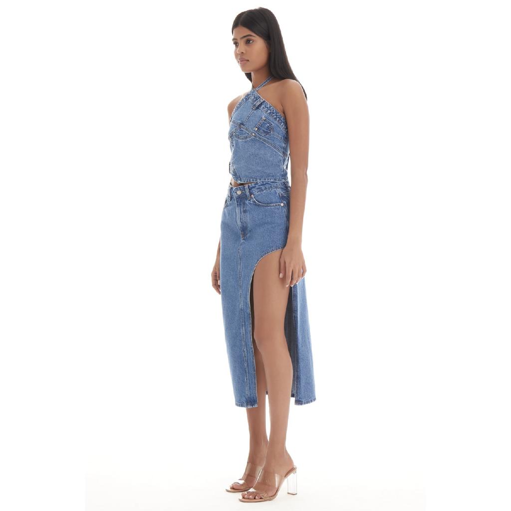 Women's Blue Denim Color Long Denim Skirt With Deep Slit Detail On The Side