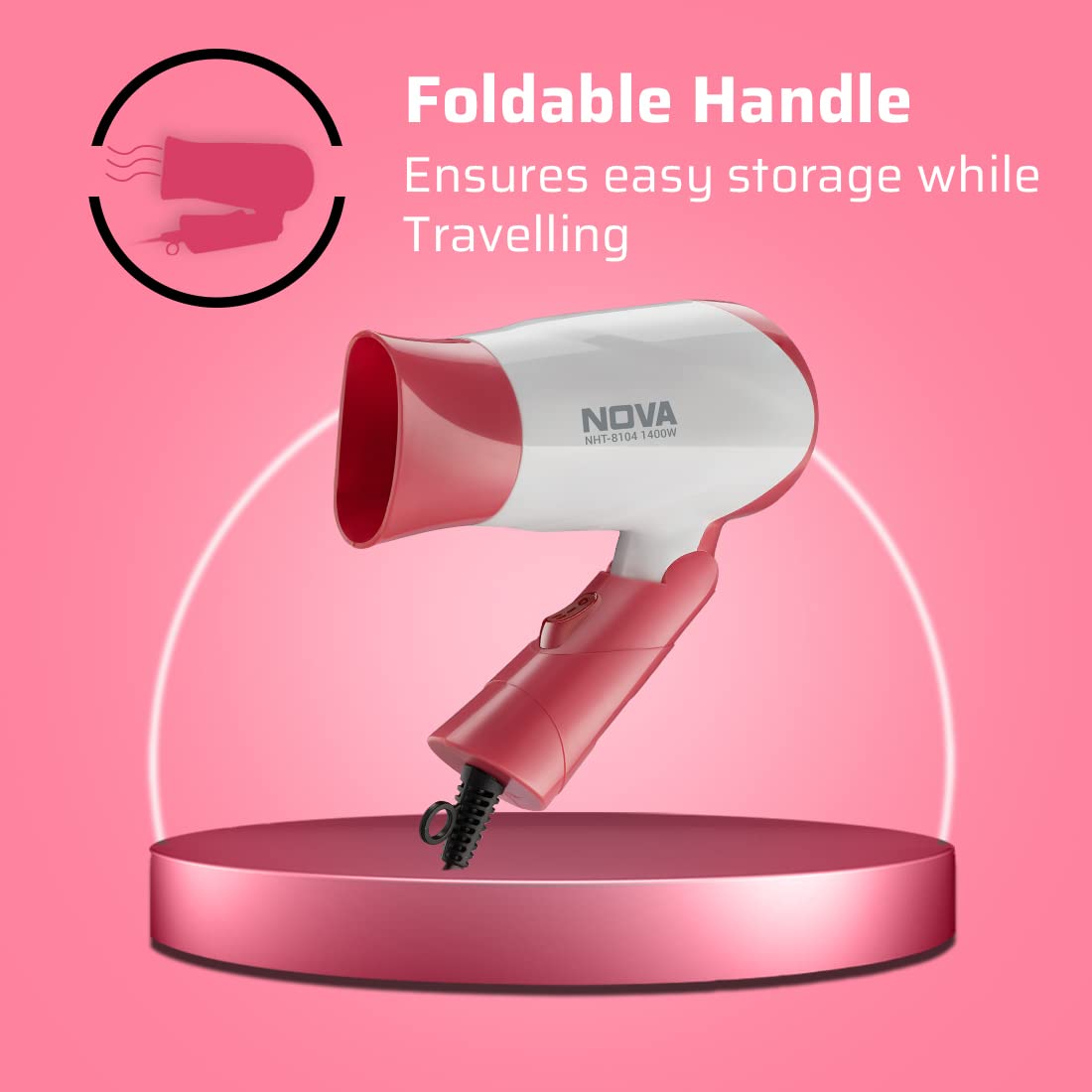 Nova NHP-8104 1400 Watts Compact Hair Dryer (White/Pink)