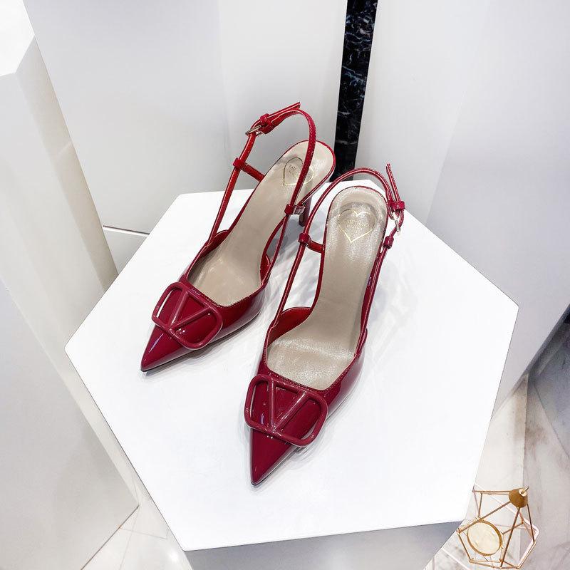 V buckle high heel rear empty stiletto sandals women's new summer pointed single shoes with rhinestone leather