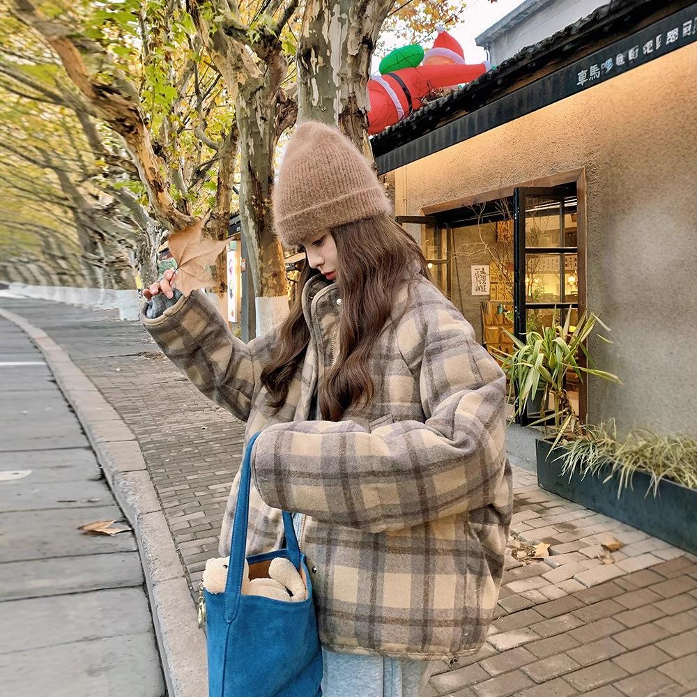 Retro Karomuster Kurzer Daunen Baumwollmantel für Damen Winter Neu Verdickter Kurzer Puffer-Baumwollmantel