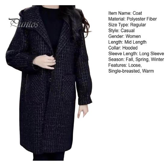 Casaco de lã feminino outono inverno com bolsos laterais, com capuz, trespassado, solto, xadrez, comprimento médio, grosso, sobretudo para manter o calor, para deslocamento, namoro, viagem