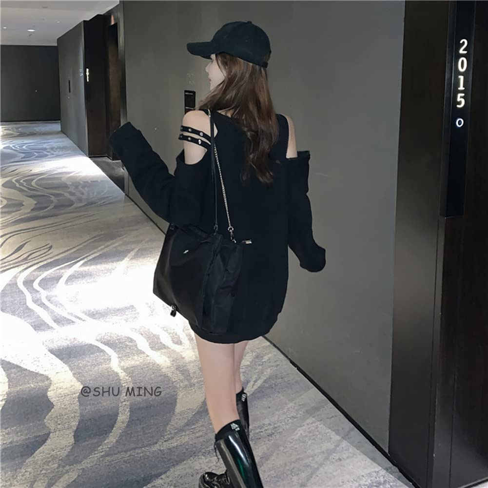 ShuMing Long Sleeve Loose Street Korean Pullover Women's Hoodie, Off-the-Shoulder, Fit, Simple, Black, Style, Style, Stylish, (Free Size, Black)
