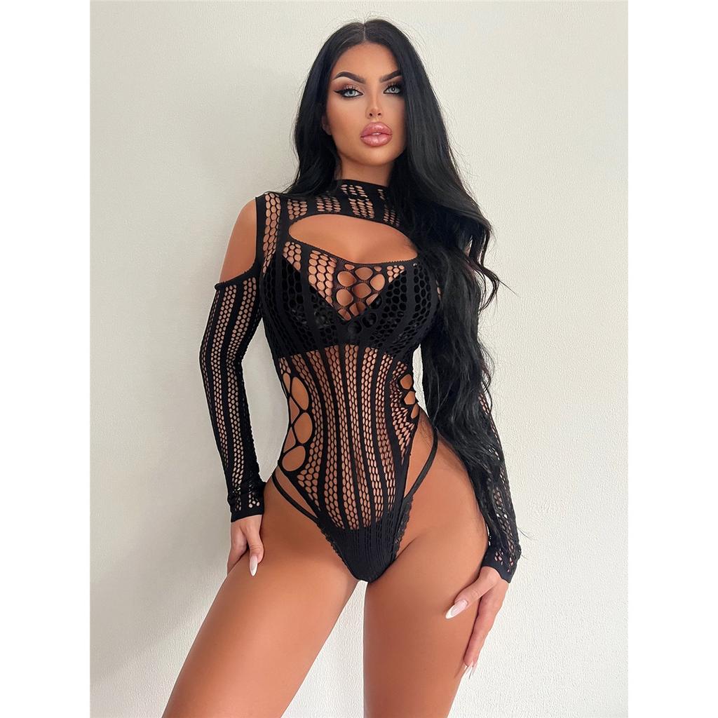 Women Mesh Lingerie Bodysuit Long Sleeve Hollow Out Fishnet See‑through Jumpsuit Sexy Exotic Clubwear Nightwear Intimate Outfit
