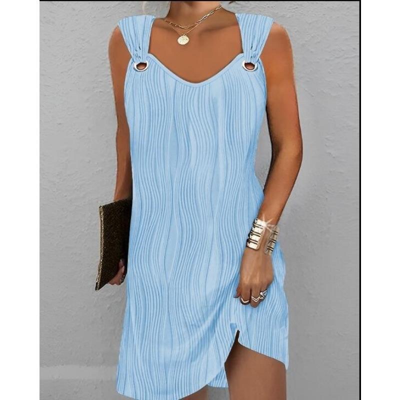 

Однотонное платье в волнистую полоску, повседневное мини-платье без рукавов с V-образным вырезом, женская одежда 2XL небесно-голубой