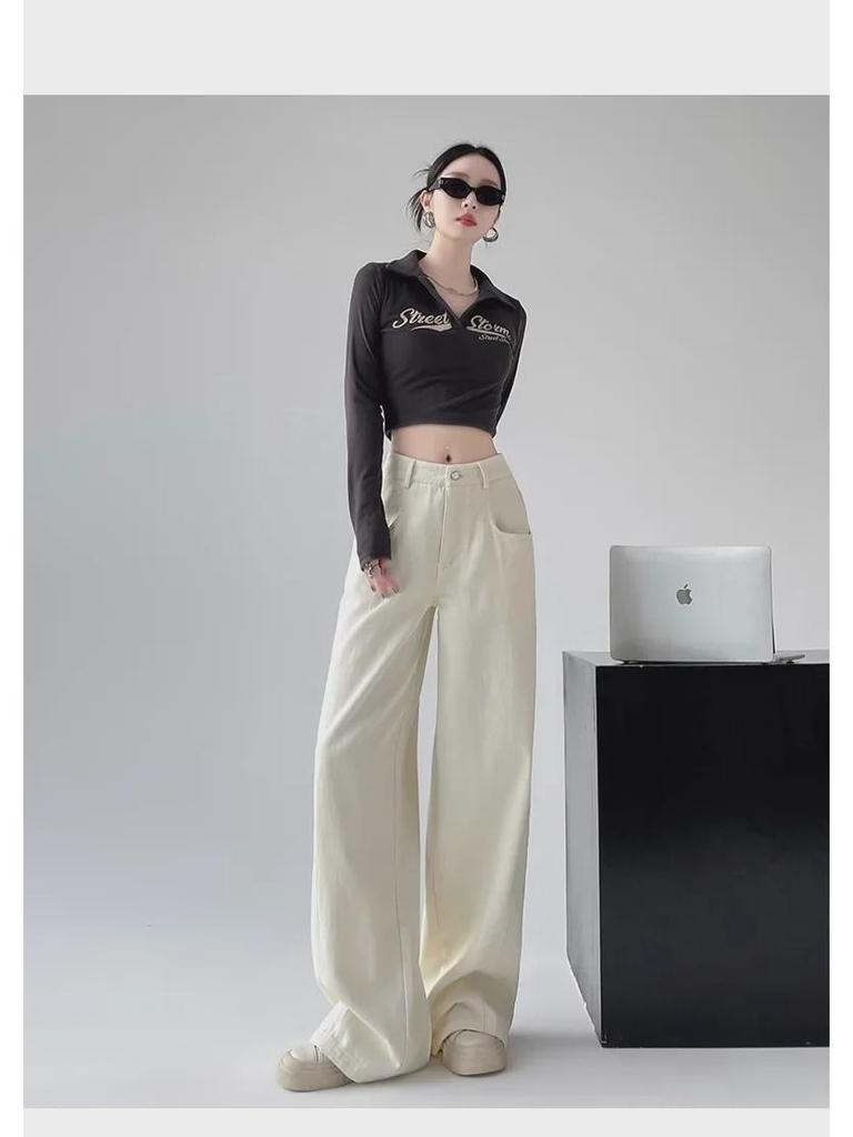 Women's White High-Waisted Wide-Leg Jeans: Autumn/Winter Retro American Style Loose Fit.