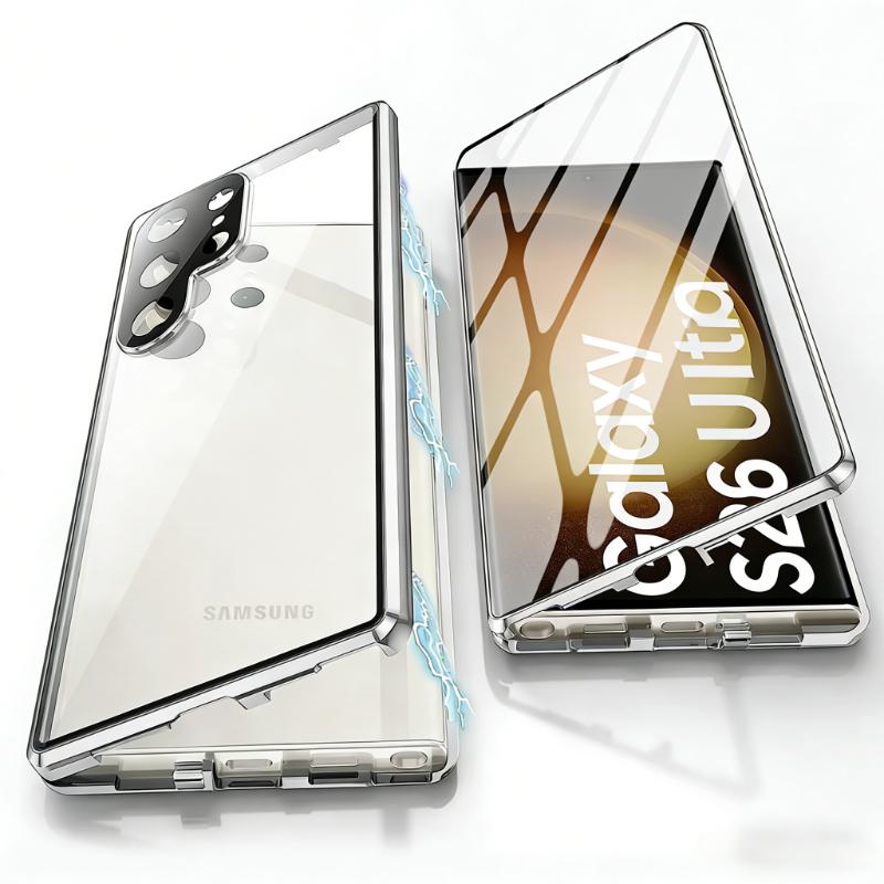 360° Vollabdeckung Ultra HD Displayschutzhülle Für Samsung S26 Ultra S25 S24 S23 Plus FE Metallische Magnetische Adsorption Randabdeckung Galaxy S24 silber