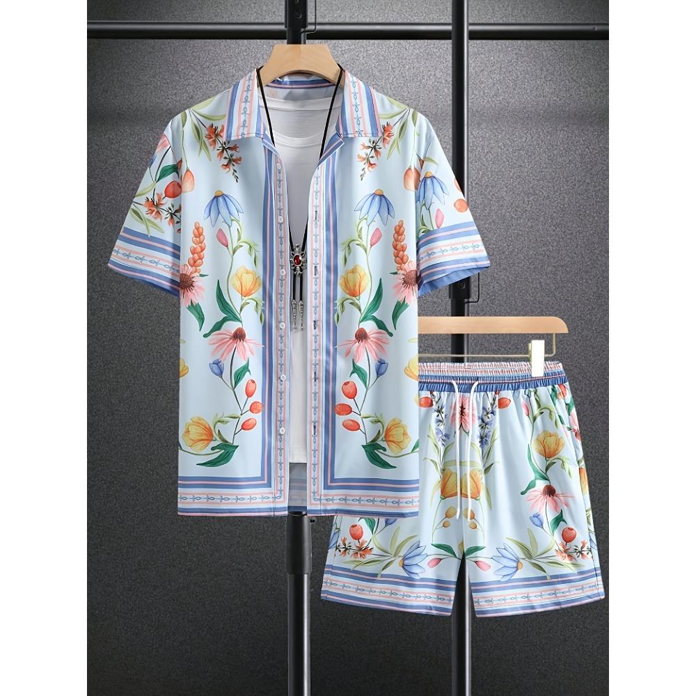 2er Set Herren Blume Grafikdruck Shorts Hemd Kordelzug Taille Sommer Strandkleidung Freizeitkleidung Tropische Drucke Asiatische Größe