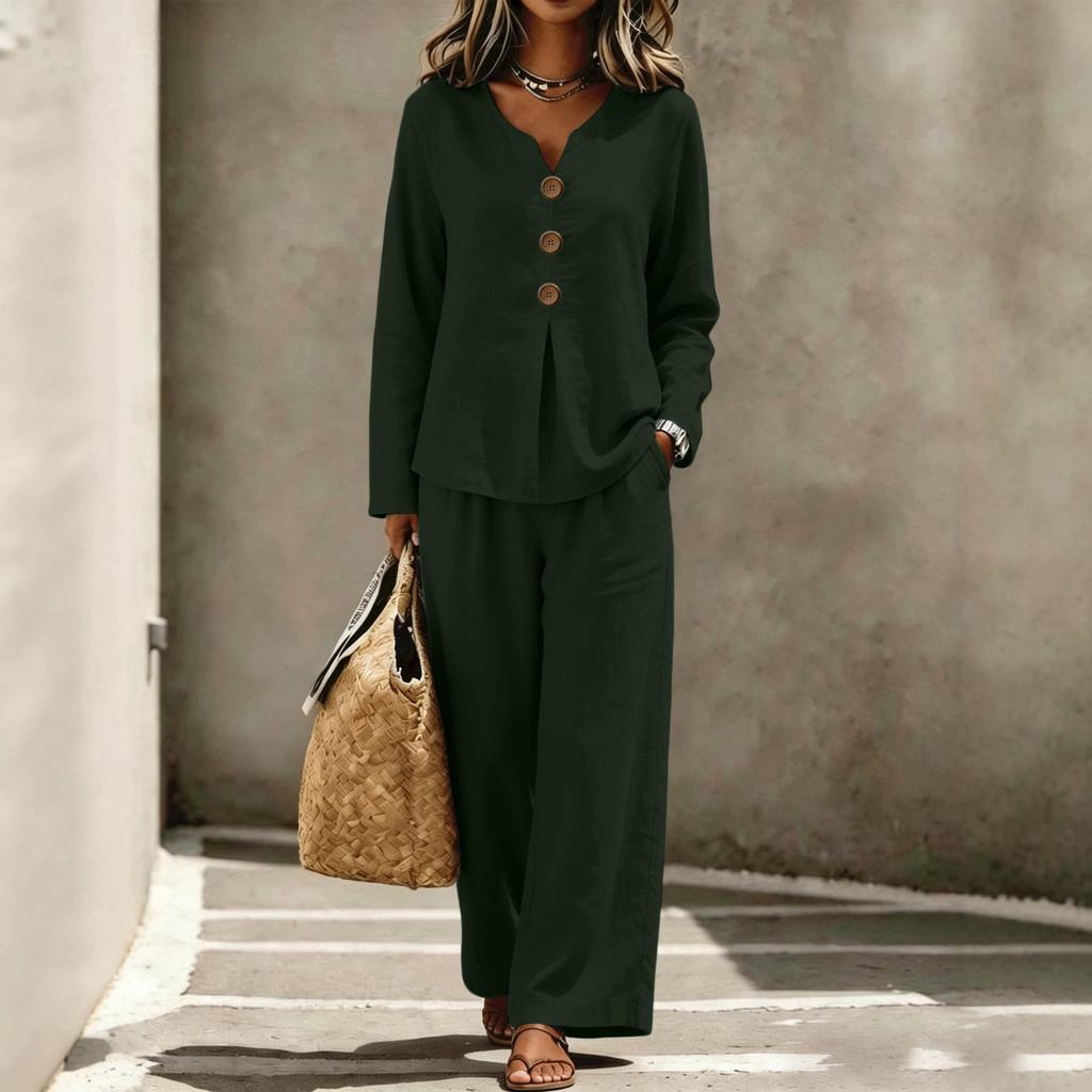 European and American in-stock cross-border foreign trade women's new casual button V-neck long-sleeve top and pants set
