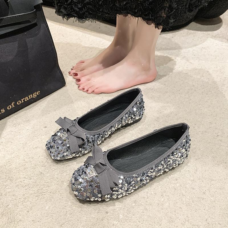 

Sequined single shoes women s spring retro bow flats gentle grandma beanie shoes 35 серебряный
