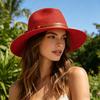 Women Jazz Hat Wide Brim Faux Leather Belt Decor Beach Straw Hat Adjustable Size UV Protection Foldable Summer Hat