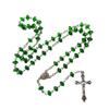 Christian Green Stone Rosary Necklace with Beads Cross Pendant Church Jewelry Sweater Chain Accessory