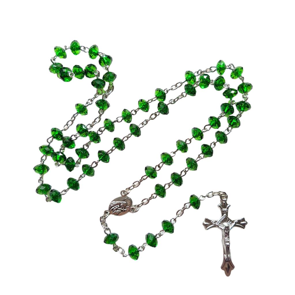 Christian Green Stone Rosary Necklace with Beads Cross Pendant Church Jewelry Sweater Chain Accessory
