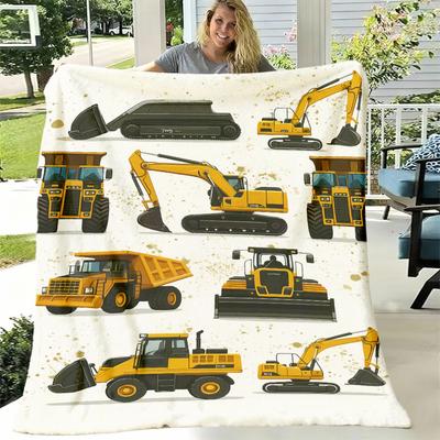 1pc Digital Print Blanket with Excavator And Bulldozer Patterns, Ultra-Soft Flannel, All-Season Comfort, Perfect for Bed, Sofa, Travel, And Camping, M