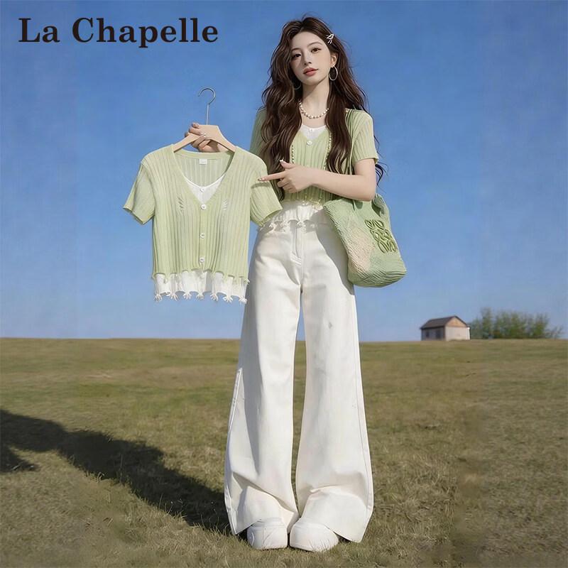La Chapelle Women s Faux Two-Piece V-Neck Raw Edge Short Sleeve T-Shirt L