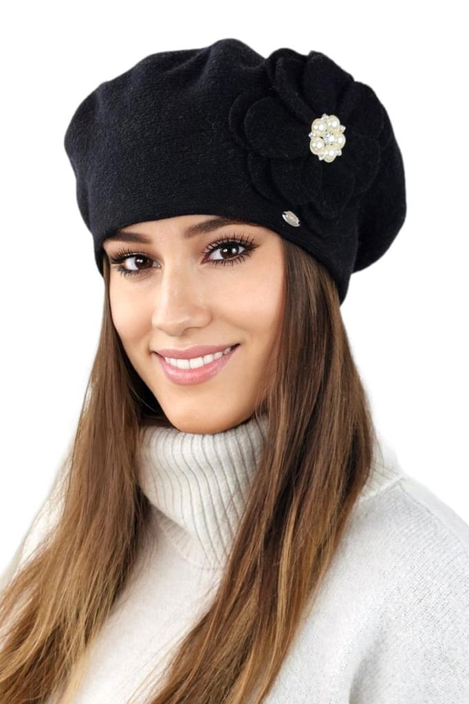 Kalia Wool Beret on a High Leg with a Flower, Black