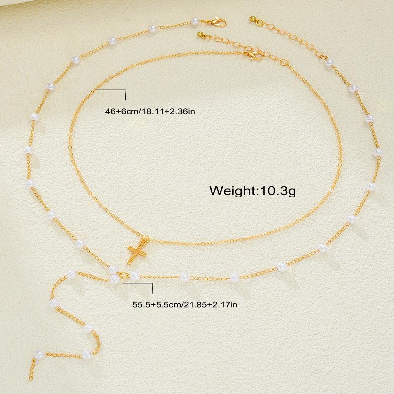 New 2Pcs/Set Cross Long Pearl Tassel Necklace for Women Simple Gold Color Multilayer Pendant Necklaces Set Fashion Party Jewelry