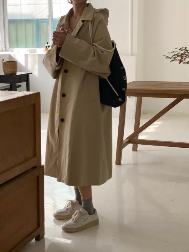 

Korean Vintage Fashion Overcoat Loose Fit Single Breasted Long Coat with Detachable Hood Autumn Winter Women Outerwear Retro Long Sleeve New M хаки