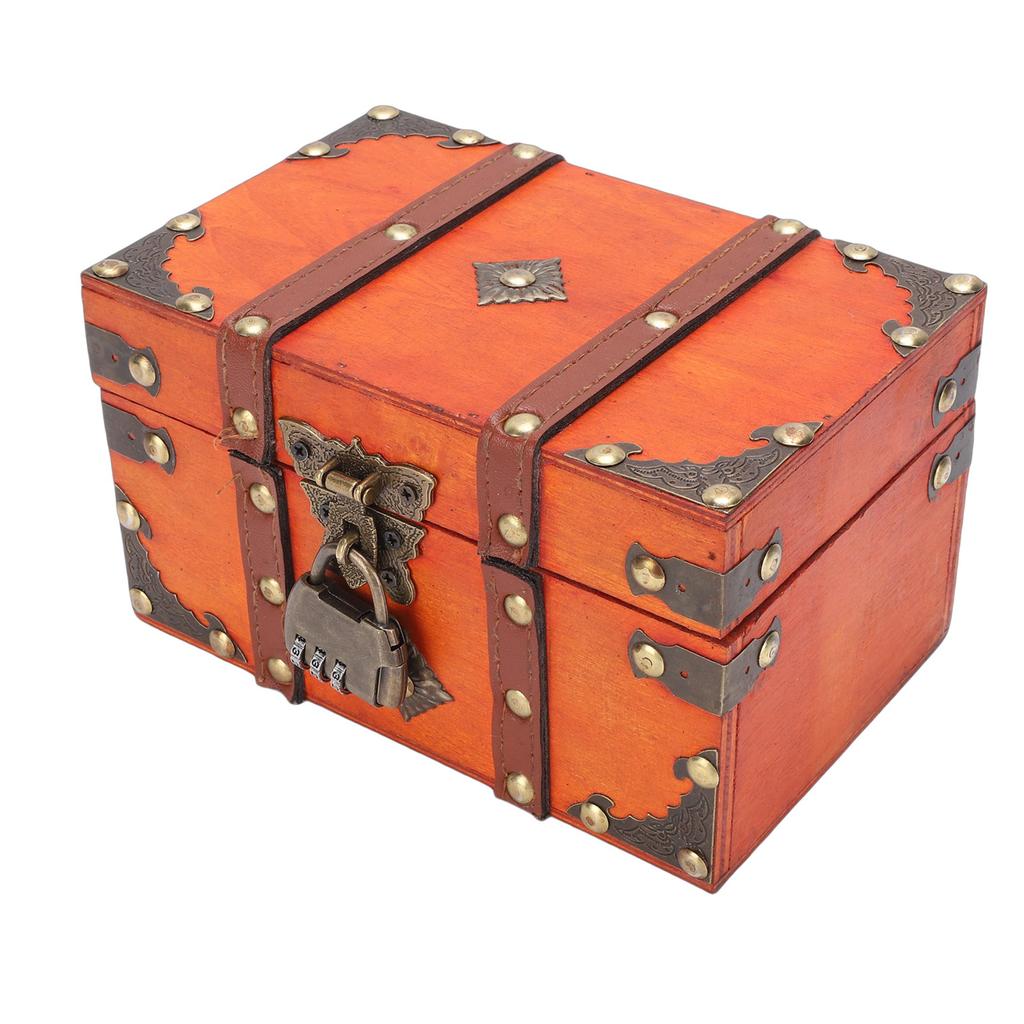 Wooden Treasure Chest Box Vintage Decorative Antique Wood Jewelry Box with Lock Hinged Lid Small Size