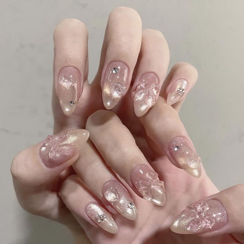 24 Stück Süßes Rosa Katzenauge Mandel Aufkleber Falsche Nägel 3D Niedliche Schleife Blume Hochwertige Falsche Nägel Einfache Kirsch Herz Nagelspitzen