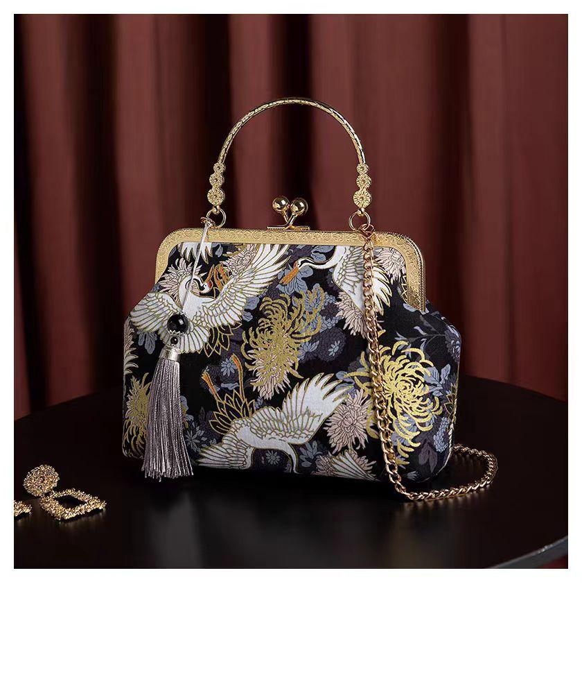 Chinese Style Hanfu Qipao Bag Polyester Vintage Handbag Crossbody Purse with Metal Clasp Retro Shoulder Bag for Women