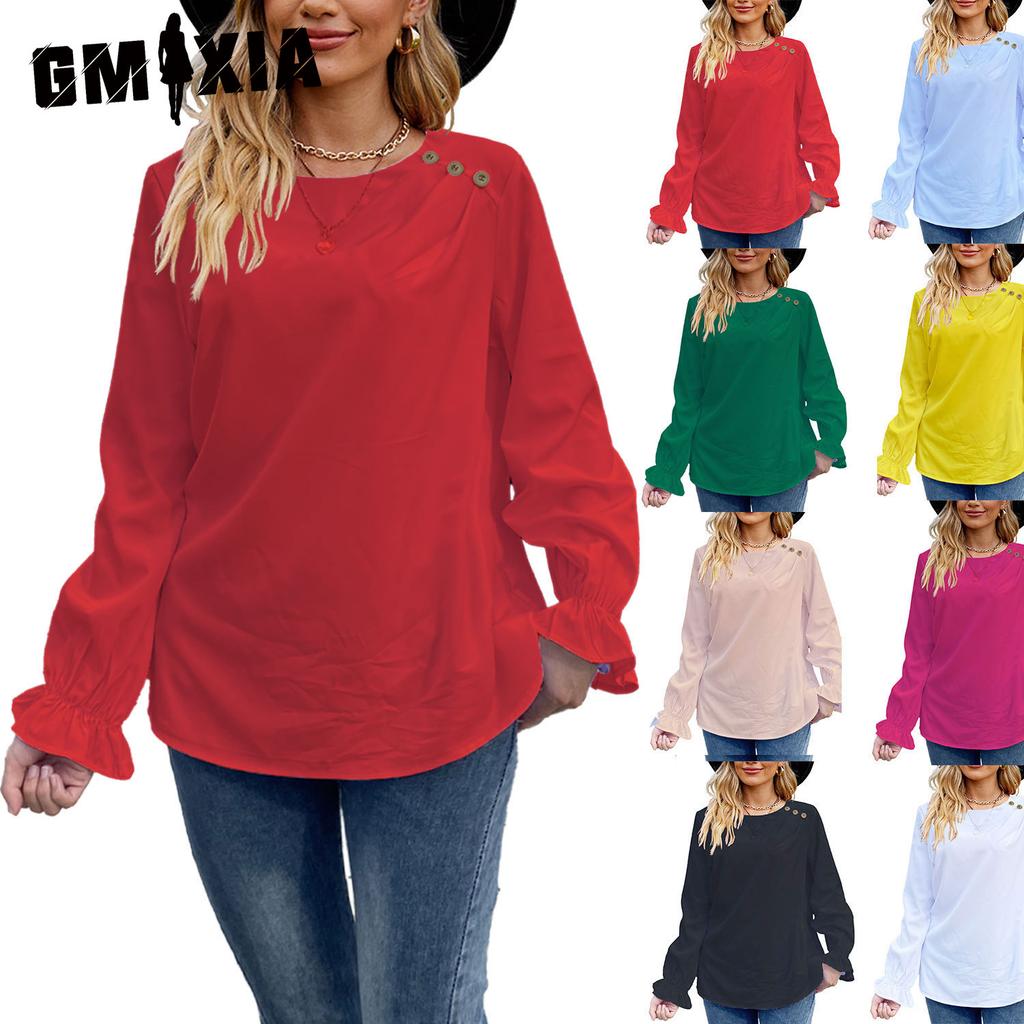 GMXIA Women's Autumn Round-neck Long-sleeved Shirt Solid Color Button Loose Women's Top