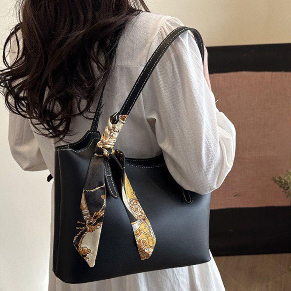 Fashion PU Leather Single Shoulder Bag Casual Large Capacity Tote Bag Elegant Luxury Design Silk Scarf Bag For Women Ladies'