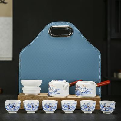 Service à thé de voyage en jade suif de porcelaine blanche, sac portable, pot d'extérieur de six tasses, céramique, activités ménagères