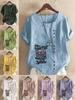 Women's Fashion Letter Print Round Neck Short Sleeve T-shirt Summer Casual Cotton Linen Graphic Shirt Leisure Loose Blouse Tops