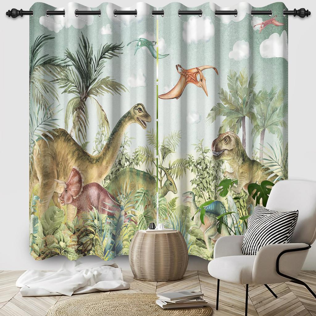2pc/set Forest Dinosaur Blackout Curtains Colorful Cartoon Wildlife Animal Kids Room Polyester Curtains Balcony Bedroom Curtains