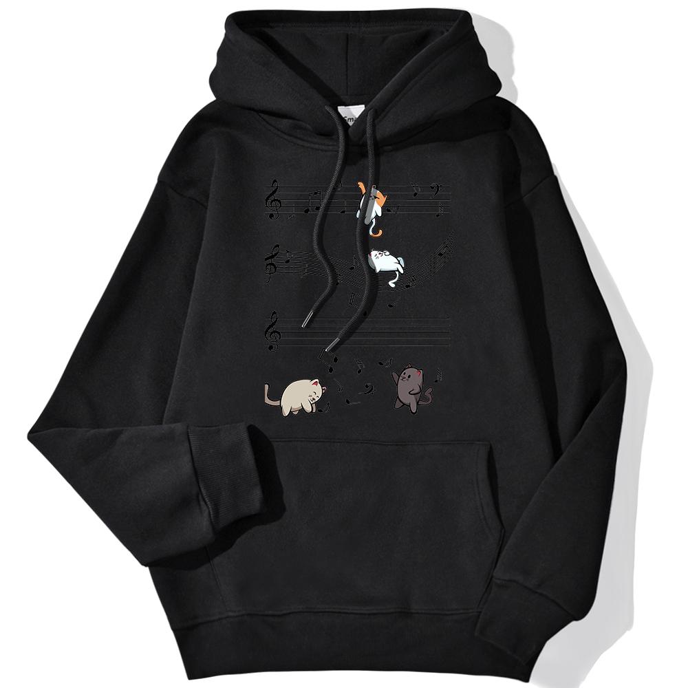 Women's Hoodie Musical Cats Music Note Printed Sweatshirt Long-sleeved Strecth Comfortable Hooded Women's Pullover
