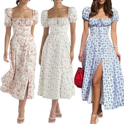 Damen Retro Langes Kleid Sommer Böhmischer Blumendruck Puffärmel Quadratischer Kragen Krawatte Hoch Geteiltes Kleid Streetwear
